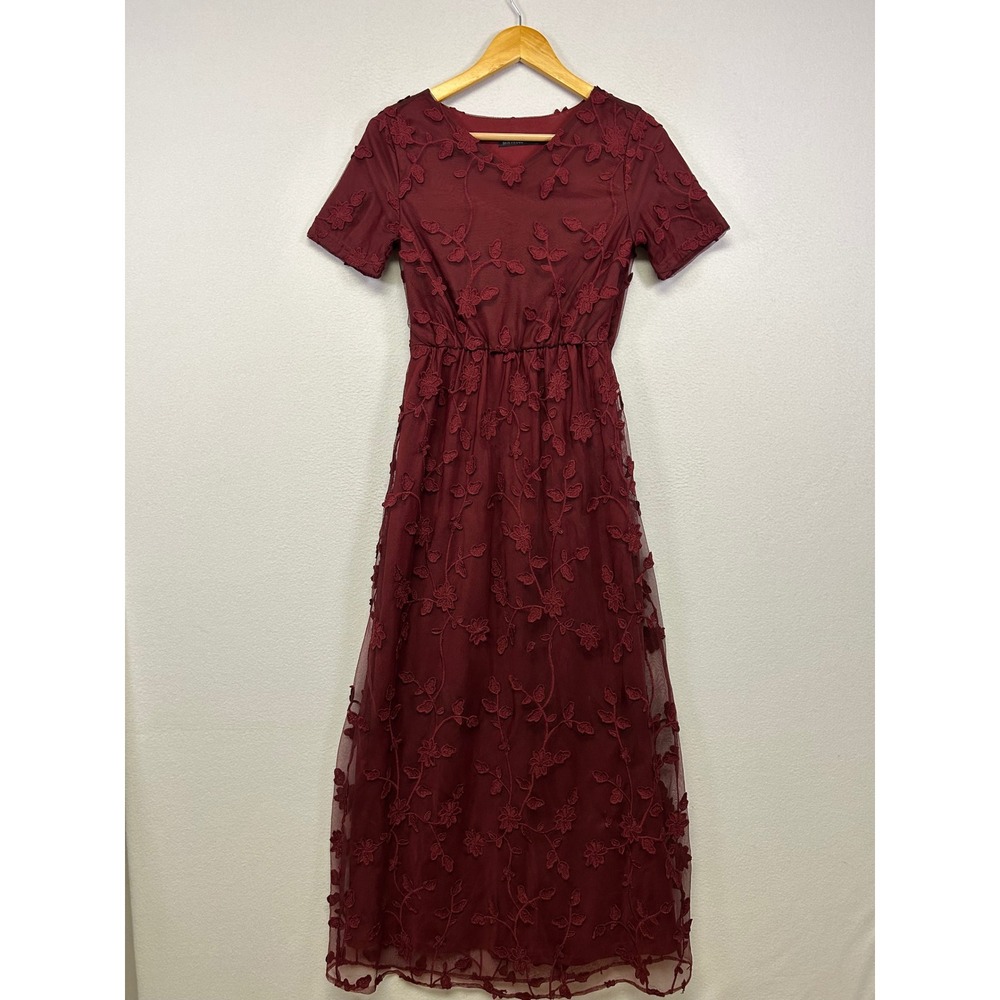 Romantic Whimsigoth MIKAROSE XS Burgundy Floral Embroidered Mesh Maxi Dress